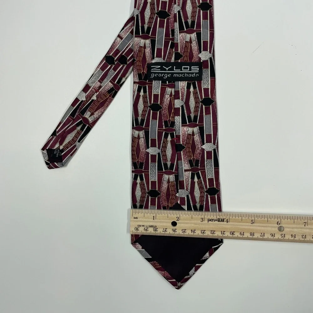 Zylos George Machado Burgundy Geometric Art Deco Silk Necktie Mens OS